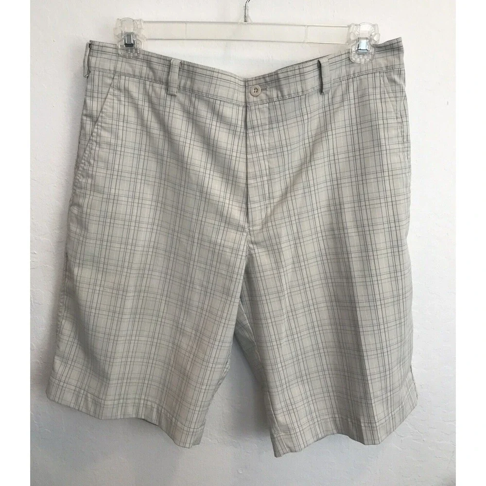 Nike Golf Mens Dri Fit Shorts Logo Chino Sz 36 Beige Plaid Pockets Golf Athletic